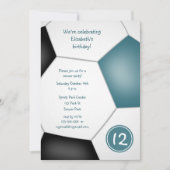 女子スポーツティール(緑がかった色)ブラックサッカー誕生日パーティー 招待状 (正面)