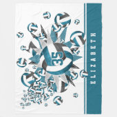 女子スポーツティール（緑がかった色）ブラックバレーボールスター フリースブランケット (正面)