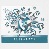 女子スポーツティール（緑がかった色）ブラックバレーボールスター フリースブランケット (正面(横))