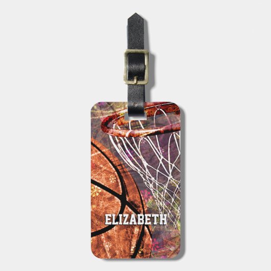 女子スポーツバスケットボールパープルピンク彼女の名前 ラゲッジタグ (正面縦)