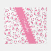 女子スポーツピンクホワイトサッカーボールのパターン フリースブランケット (正面(横))