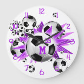 女子スポーツルームの壁のデカールサッカーボールの吹き出し ラージ壁時計 (正面)