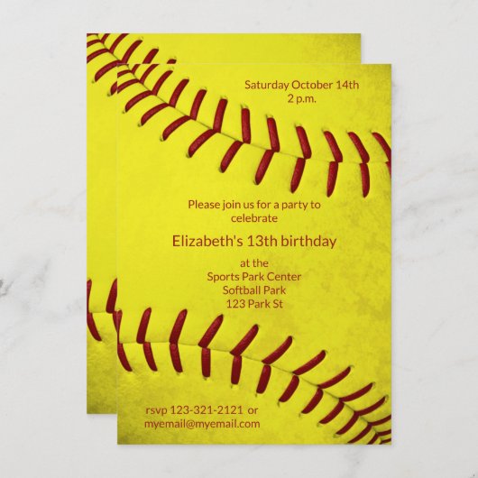 女子ソフトボールの誕生日またはチームのパーティー 招待状 (正面/裏面)