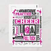 女子チアリーティングタイポグラフィインブラック&ピンク ポストカード (正面/裏面)