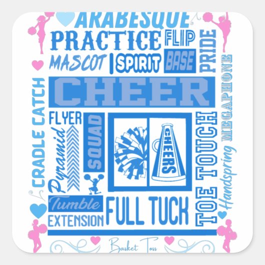 女子チアリーティングタイポグラフィインブルー&ピンク スクエアシール (正面)