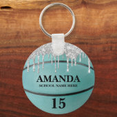 女子ティール（緑がかった色）グリッタードリップバスケットボールキーチェーン キーホルダー (正面)