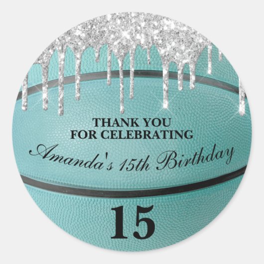 女子ティール(緑がかった色)グリッタードリップバスケットボールパーティーの好意 ラウンドシール (正面)