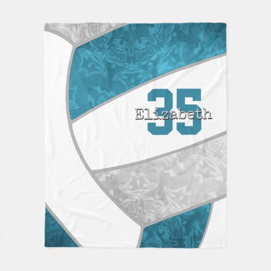 女子ティール(緑がかった色)グレーバレーボール名前をカスタムする フリースブランケット (正面)