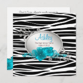 女子ティール（緑がかった色）ブルーゼブラ卒業発表 招待状 (正面/裏面)