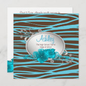 女子ティール（緑がかった色）ブルーゼブラ卒業発表 招待状 (正面/裏面)