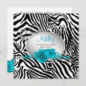 女子ティール（緑がかった色）ブルーゼブラ卒業発表 招待状 (正面/裏面)