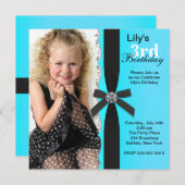 女子ティール（緑がかった色）ブルーフォトバースデーパーティー 招待状 (正面/裏面)