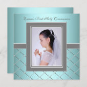 女子ティール(緑がかった色)ブルーフォトファースト聖餐式 招待状 (正面/裏面)