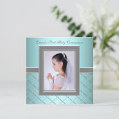 女子ティール(緑がかった色)ブルーフォトファースト聖餐式 招待状 (スタンド正面)