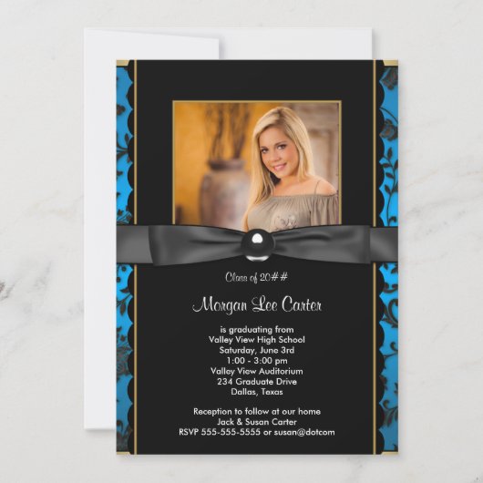 女子ティール（緑がかった色）ブルーフォト卒業発表 招待状 (正面)