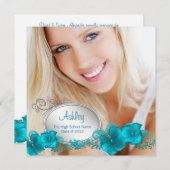 女子ティール（緑がかった色）ブルーフォト卒業発表 招待状 (正面/裏面)