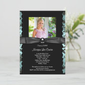 女子ティール(緑がかった色)ブルーフォト卒業発表 招待状 (スタンド正面)