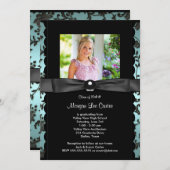 女子ティール(緑がかった色)ブルーフォト卒業発表 招待状 (正面/裏面)
