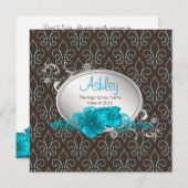 女子ティール(緑がかった色)ブルーブラウン(紋章の)フラ・ダ・リ卒業 招待状 (正面/裏面)