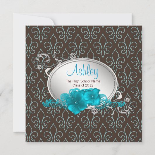 女子ティール(緑がかった色)ブルーブラウン(紋章の)フラ・ダ・リ卒業 招待状 (正面)