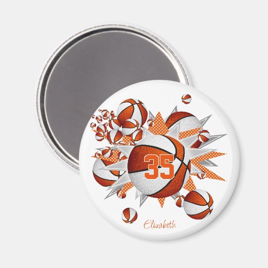 女子バスケットパーソナライズされたボールがオレンジ色の白い星 マグネット (正面/裏面)