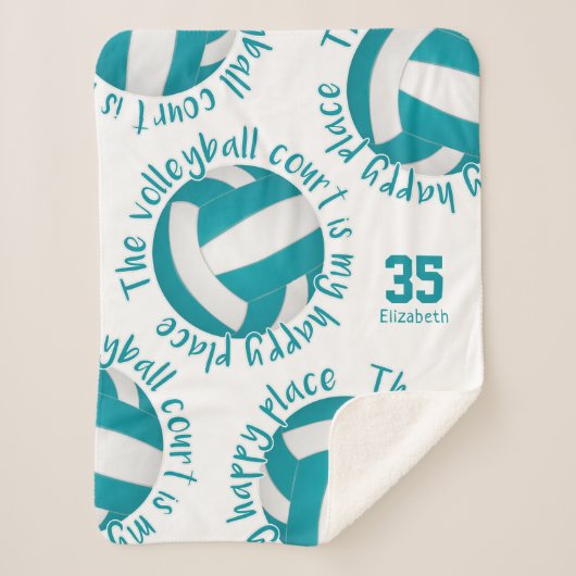 女子バレーボールコートhappy placeティール(緑がかった色)gray シェルパブランケット (正面)