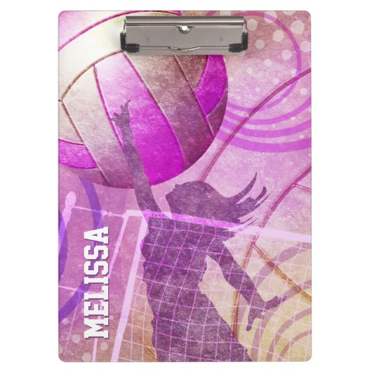 女子バレーボール選手がネットでジャンプ クリップボード (正面)