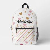 女子パーソナライズされたバラ金ゴールドストライプハート プリントバックパック (正面)