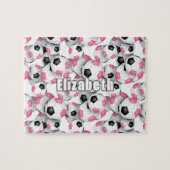 女子パーソナライズされたピンクブラックサッカー ジグソーパズル (横)