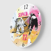 女子パーソナライズされたホッケーインクスケッチ名番号 ラージ壁時計 (傾斜)
