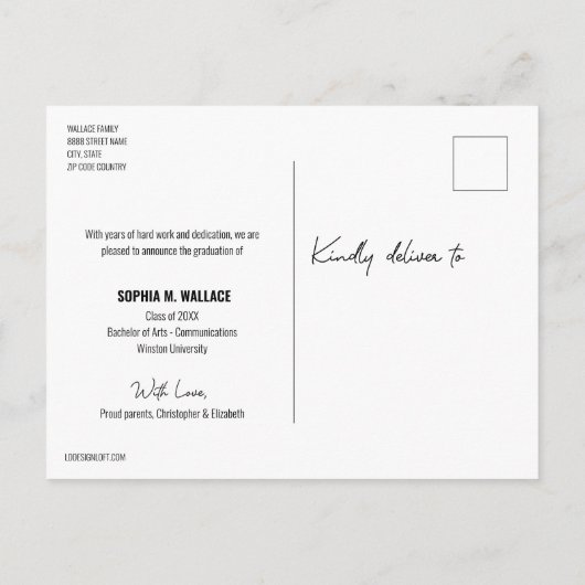 女子パーソナライズされた大学大学院写真 案内ポストカード (裏面)