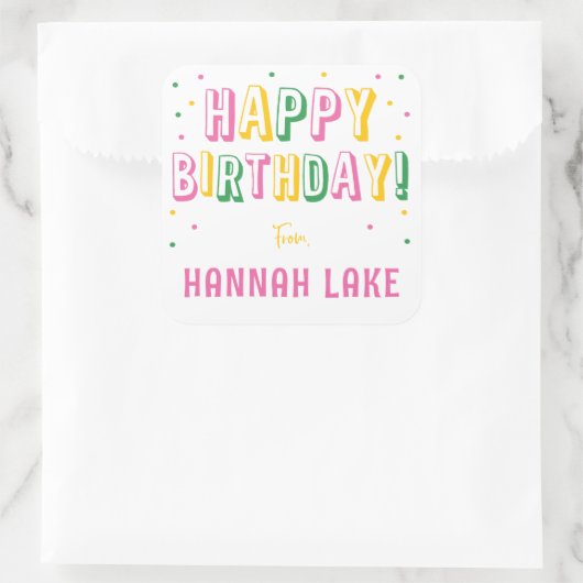 女子パーソナライズされた紙吹雪ハッピーバースデー スクエアシール (バッグ)