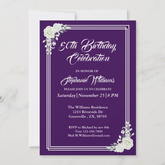 女子パープルエレガントフローラ50th誕生日パーティー 招待状 (正面)