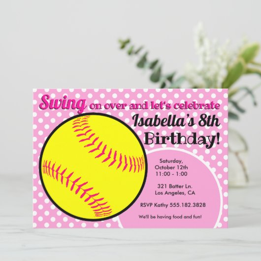 女子ピンクのソフトボール誕生日パーティーの招待状 招待状 (スタンド正面)