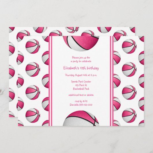 女子ピンクの白いバスケットボールの誕生日またはチームのパーティー 招待状 (正面/裏面)