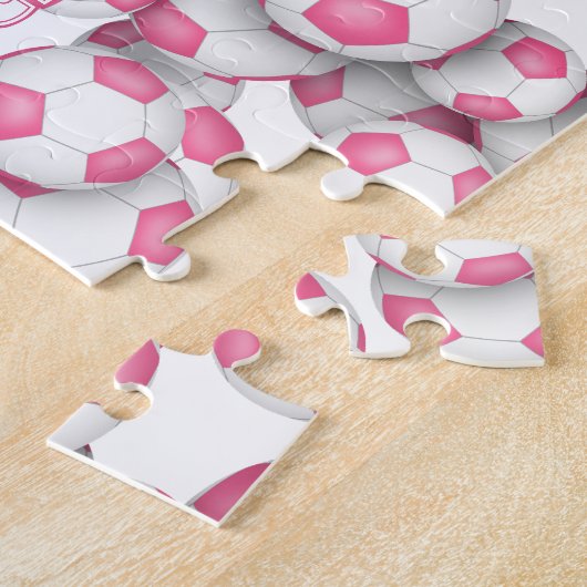 女子ピンクサッカー名前をカスタムする ジグソーパズル (側面)