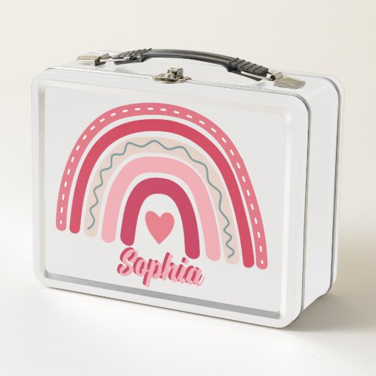 女子ピンクボホパーソナライズされたレインボーキッズスクール メタルランチボックス (正面)