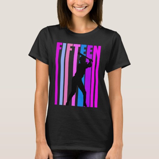 女子ピンク野球15誕生日スポーツガールズソフト Tシャツ (正面)