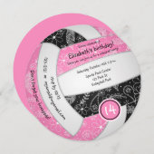 女子ピンク黒ボホバレーボール誕生日パーティー 案内状 (正面/裏面)