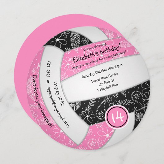 女子ピンク黒ボホバレーボール誕生日パーティー 案内状 (正面/裏面)