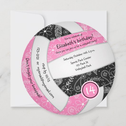 女子ピンク黒ボホバレーボール誕生日パーティー 案内状 (正面)