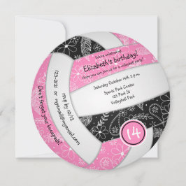 女子ピンク黒ボホバレーボール誕生日パーティー 案内状