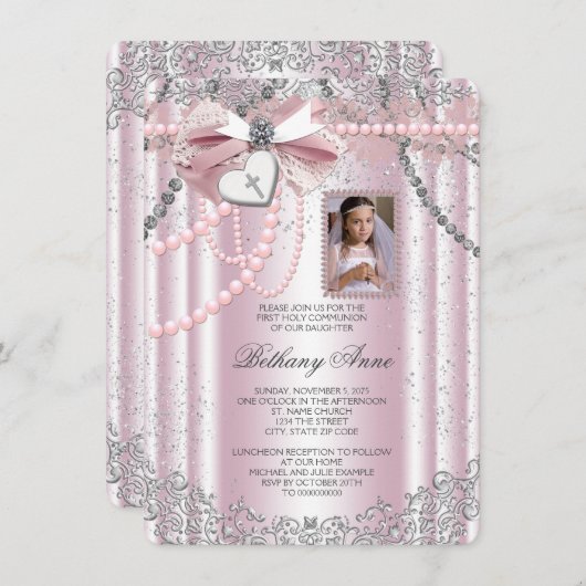 女子ピンク・クロス写真第1聖餐式 招待状 (正面/裏面)