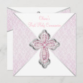 女子ファーストコミュニオンピンクレースクロス 招待状 (正面/裏面)