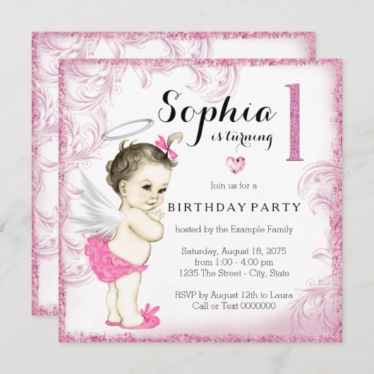 女子ファーストバースデーパーティーピンクエンジェル 招待状 (正面/裏面)