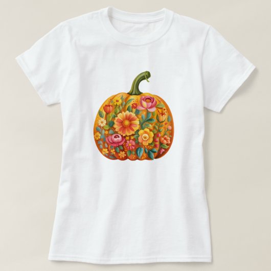 女子フォークアートパンプキンTシャツ – 対称 Tシャツ (デザイン正面)