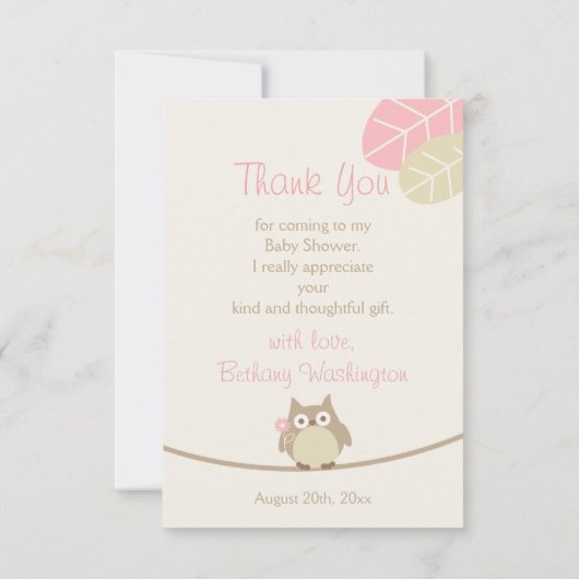女子フクロウ赤ちゃんシャワーありがとう サンキューカード (裏面)