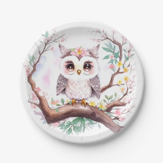 女子フクロウ赤ちゃんシャワー森アドベンチャー ペーパープレート (正面)