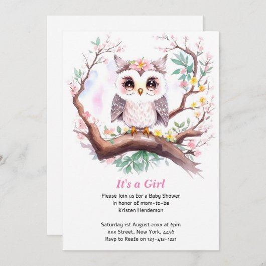 女子フクロウ赤ちゃんシャワー森アドベンチャー 招待状 (正面/裏面)