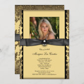 女子ブラックと金ゴールド写真卒業 招待状 (正面/裏面)